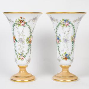 Pair Of Enamelled Opaline Vases, 19th Century