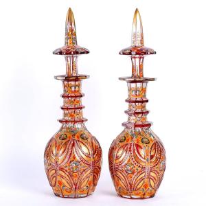Two Gold Enameled Crystal Carafes, 19th Century