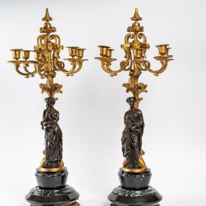 Duo Of Bronze Candlesticks, From The 19th Century. 