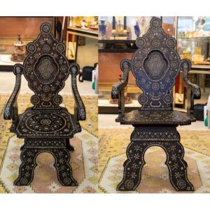 Pair Of Walnut Armchairs With Marquetry, Adriano Brambilla, 19th Century 