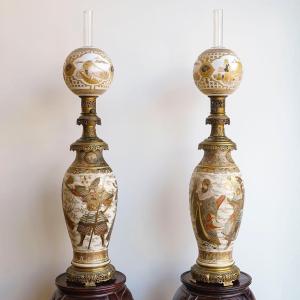 Pair Of Satsuma Earthenware Kerosene Lamps, Meiji Period