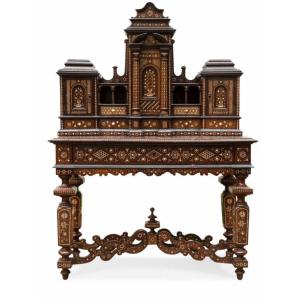 Important Italian Secretary In Carved Exotic Wood And Marquetry, 19th Century