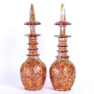 Pair Of Enamelled Crystal And Gold Carafes - 19th Century