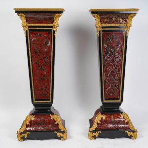 Paire De Colonnes En Marqueterie Boulle Du XIXe Siècle