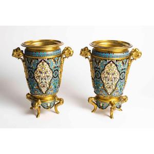 Pair Of Cloisonné Enameled Bronze Planters - F. Barbedienne Style