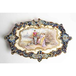 Large Tray In Cloisonné Enameled Bronze And Sèvres Porcelain - Signed Caris