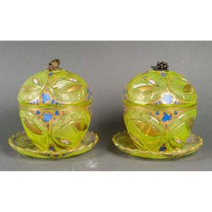 Rare Pair Of Enameled Oraline Candy Dishes, Bohemia, 19th Century