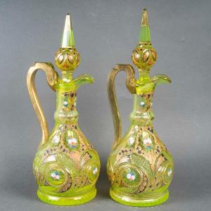 Rare Pair Of Gold-enameled Oraline Ewers, 19th Century