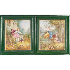 Pair Of Hand-painted Porcelain Plaques By Brifot, Late 19th Century