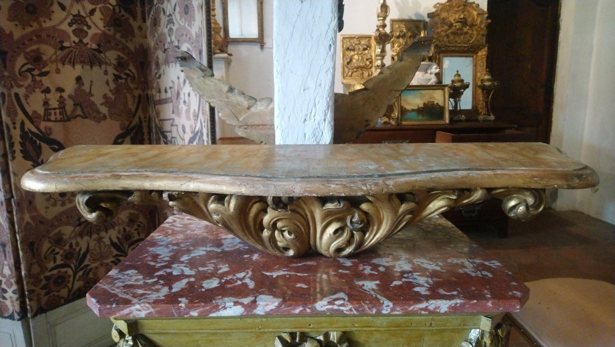 Console D Applique In Golden Wood Painted Top Faux Marble Lxv 19th 