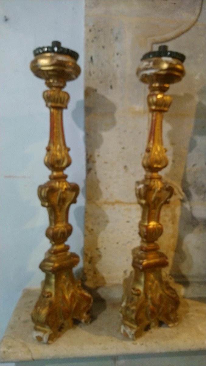 Pair Of Candle Holders In Golden Wood 18th -photo-4