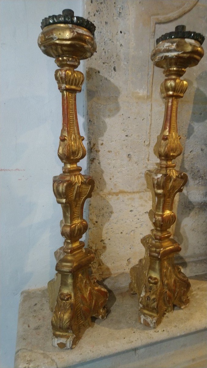 Pair Of Candle Holders In Golden Wood 18th -photo-3