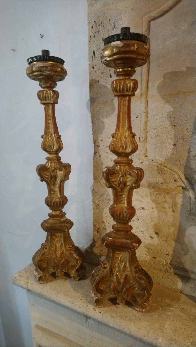 Pair Of Candle Holders In Golden Wood 18th -photo-5