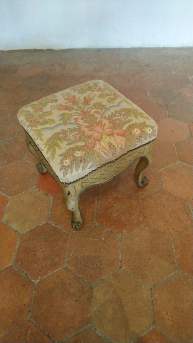 19th Century Regency Stool In Painted Wood Covered With Tapestry -photo-2