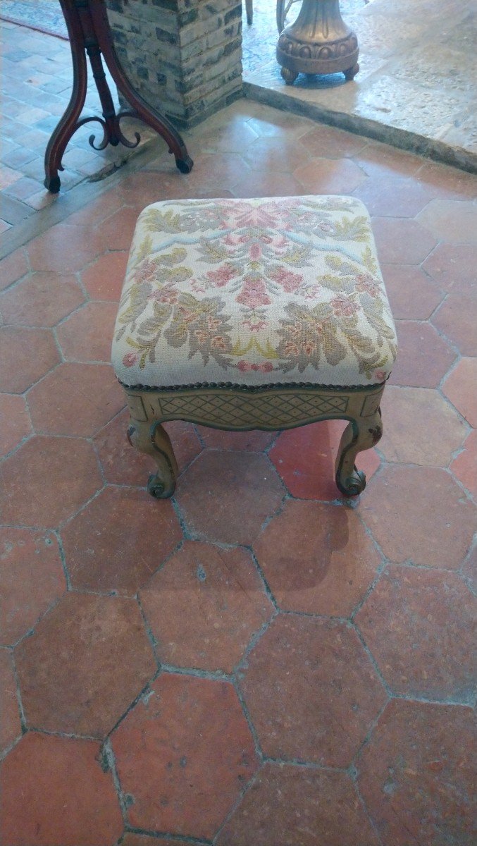 19th Century Regency Stool In Painted Wood Covered With Tapestry -photo-2