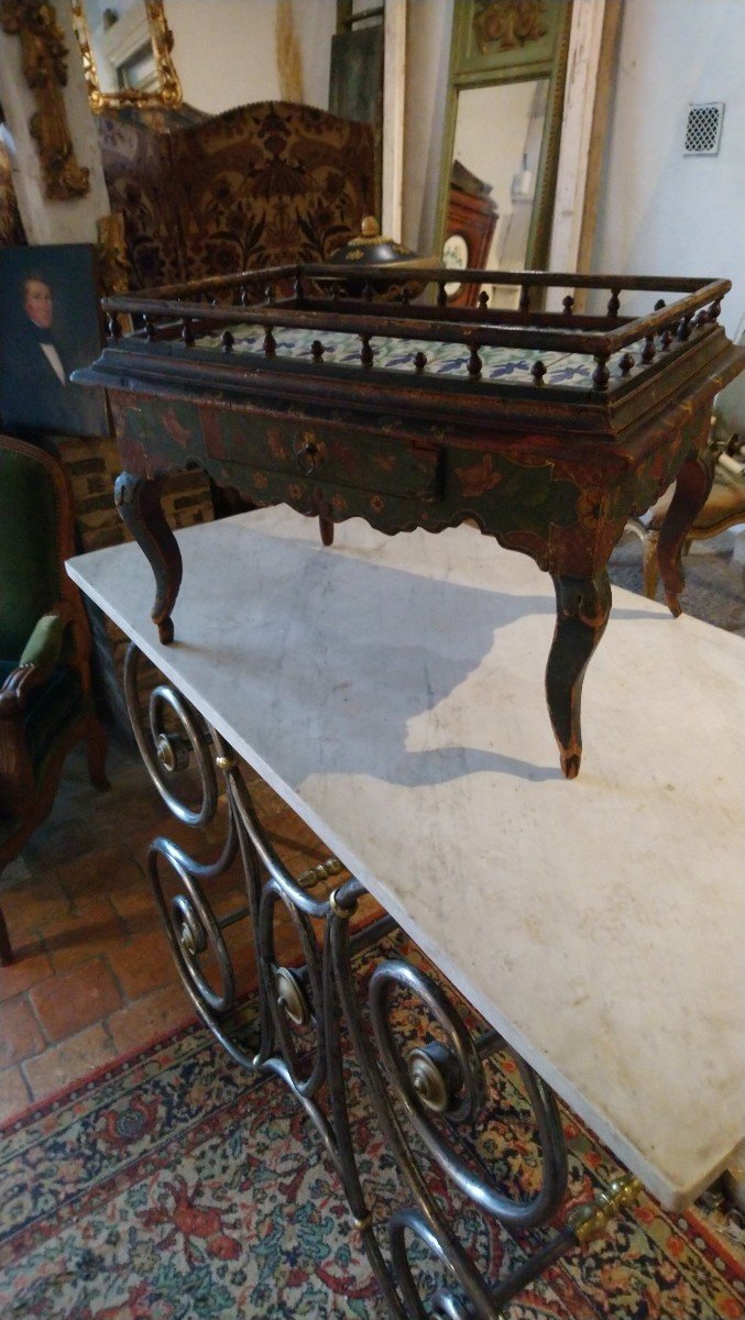 Table Basse En Bois Peint Polychrome Et Carreaux De Faïence 19e Ux De Faïence -photo-7