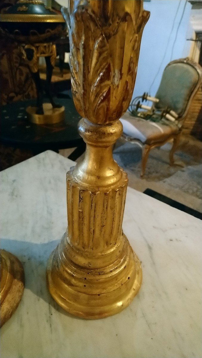 Pair Of Gilded Wood Candlesticks Late 18th Early 19th -photo-3