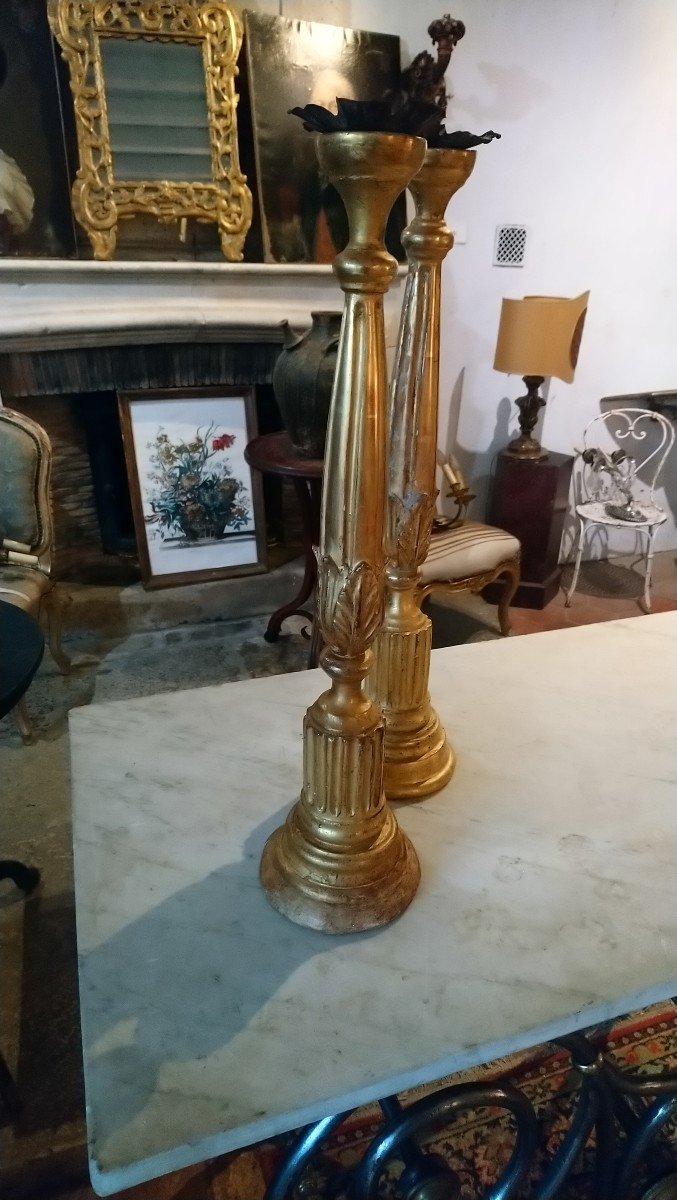 Pair Of Gilded Wood Candlesticks Late 18th Early 19th -photo-3