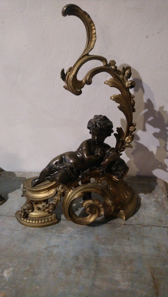 Pair Of Bronze Andirons With Cupids, 19th Century -photo-2