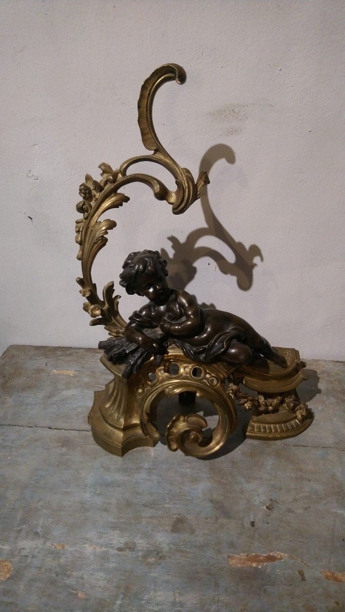 Pair Of Bronze Andirons With Cupids, 19th Century -photo-3