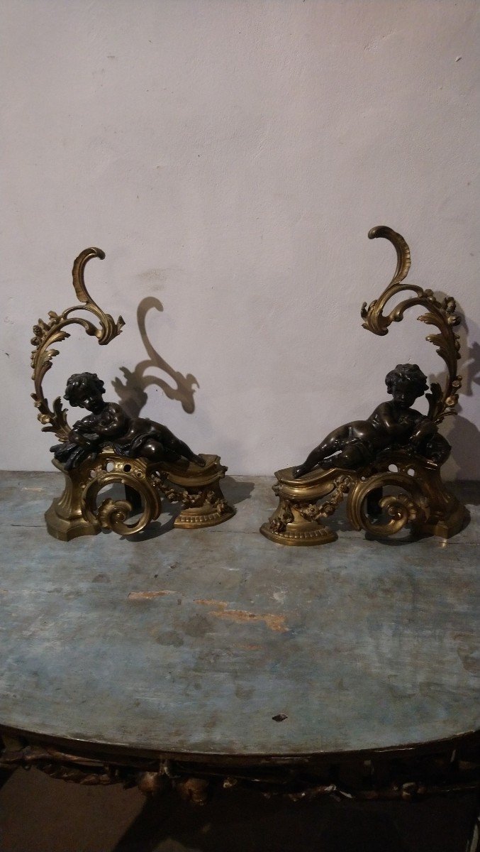 Pair Of Bronze Andirons With Cupids, 19th Century -photo-4