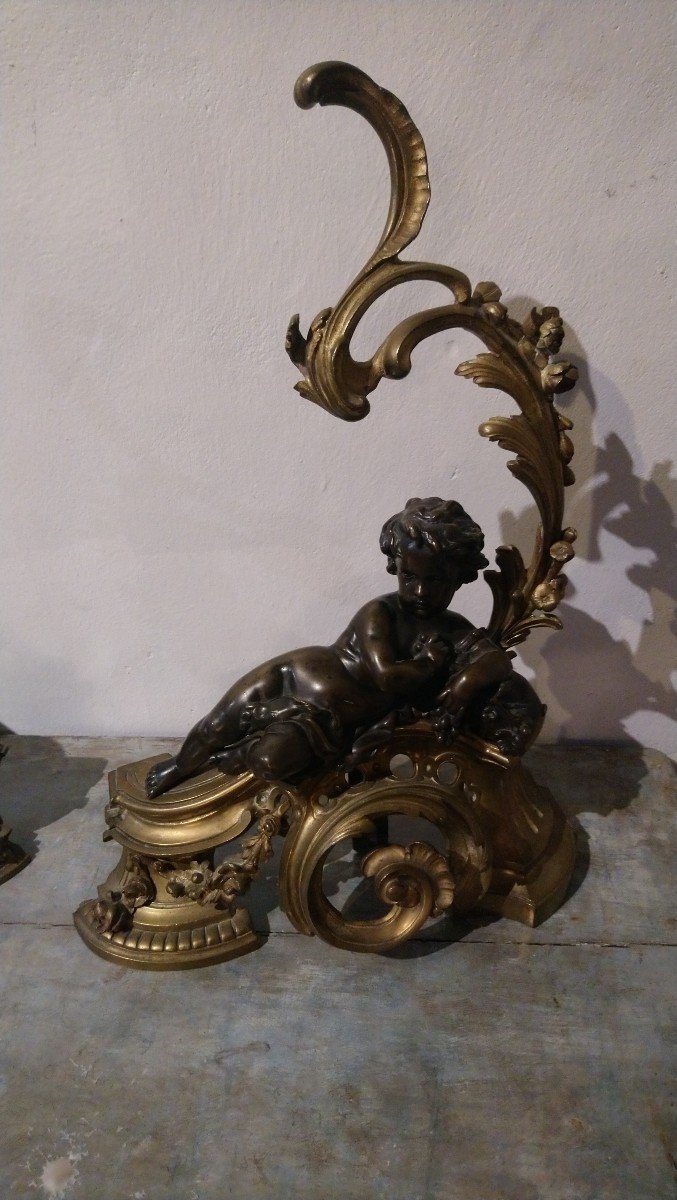 Pair Of Bronze Andirons With Cupids, 19th Century -photo-1