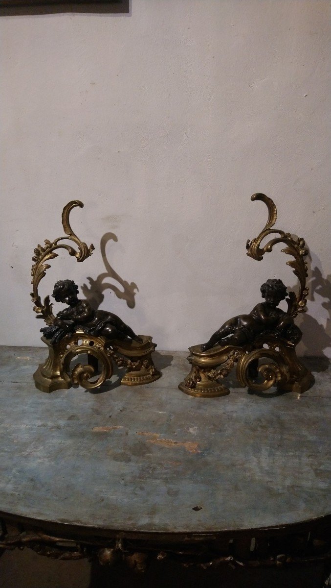 Pair Of Bronze Andirons With Cupids, 19th Century -photo-3