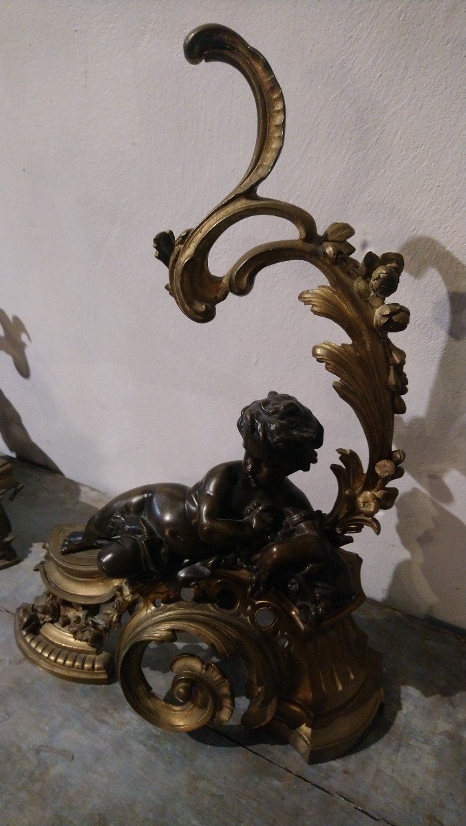 Pair Of Bronze Andirons With Cupids, 19th Century -photo-4