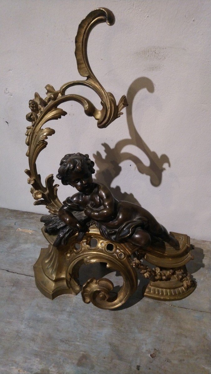 Pair Of Bronze Andirons With Cupids, 19th Century -photo-6