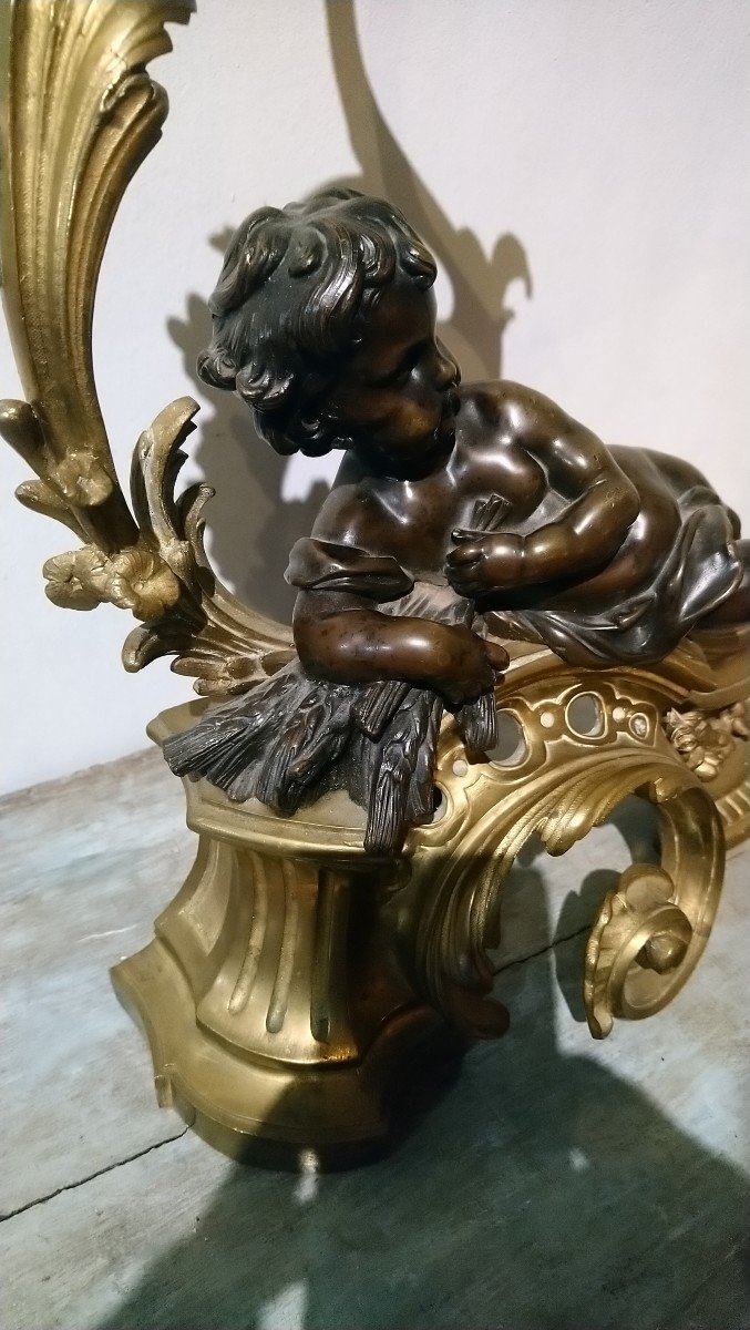 Pair Of Bronze Andirons With Cupids, 19th Century -photo-8