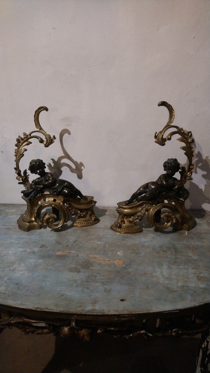 Pair Of Bronze Andirons With Cupids, 19th Century 