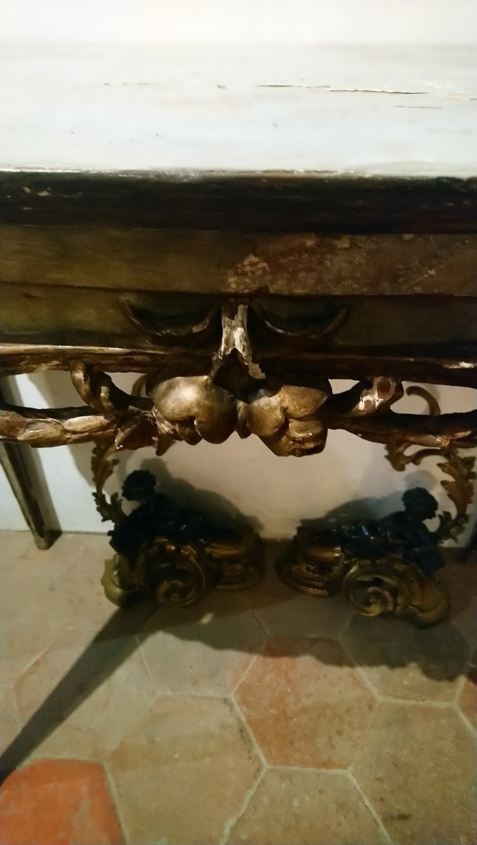 18th Century Italian Four Legged Painted And Gilded Wood Console Table -photo-3