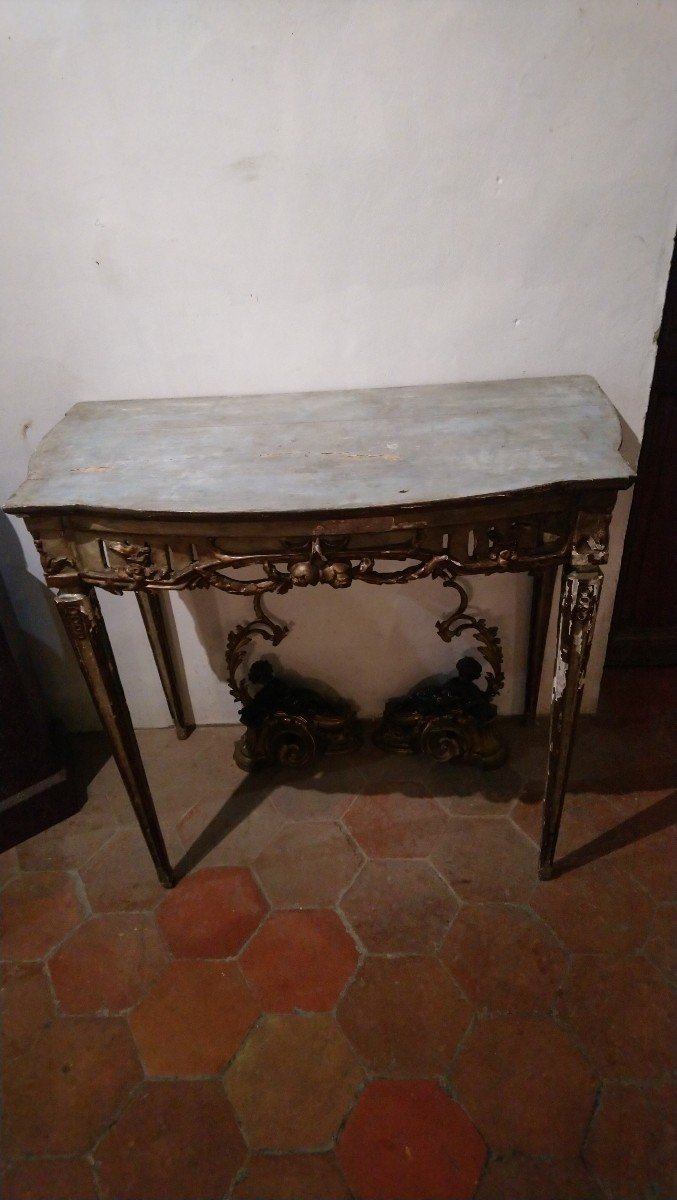 18th Century Italian Four Legged Painted And Gilded Wood Console Table 