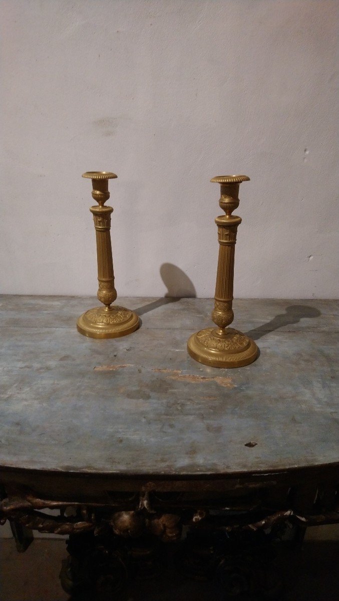 Pair Of Restoration Period Candlesticks In Gilt Bronze 