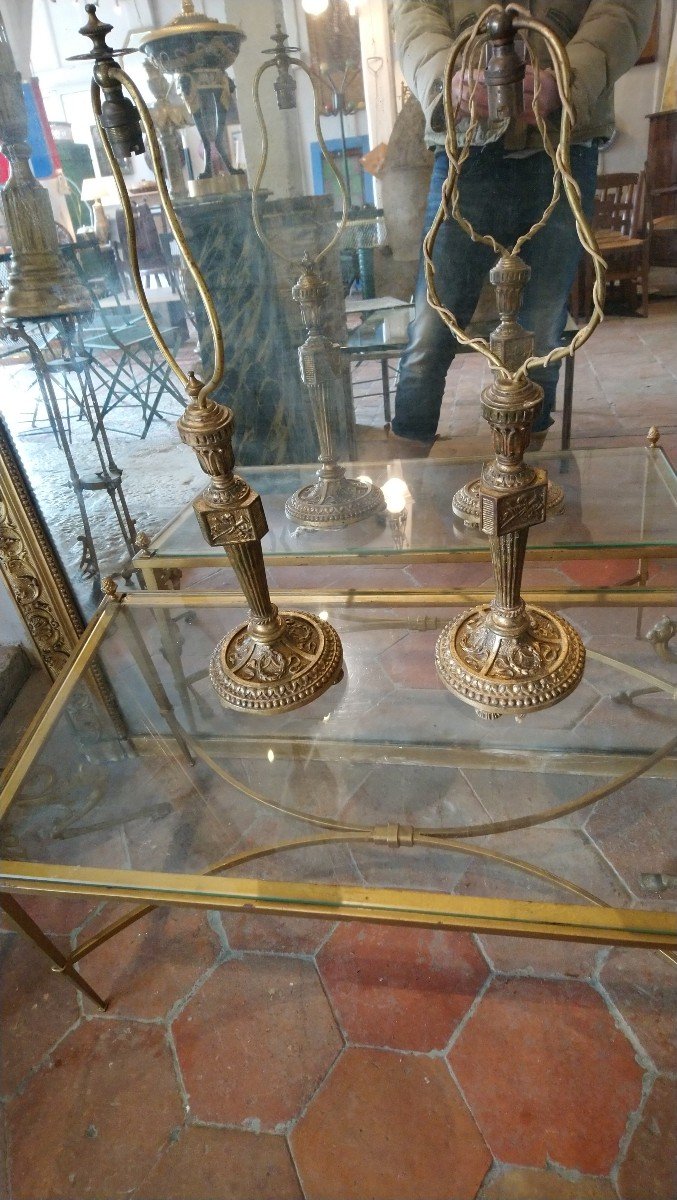 Pair Of Gilded Wood Lamp Bases Lxvi End Of 19th Early 20th 