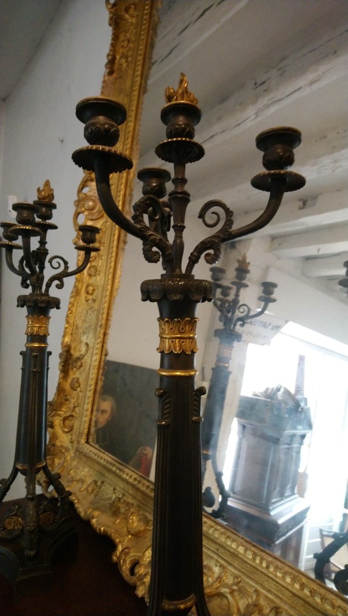 Pair Of 4-light Bronze Candelabra With 2 Patinas, 19th Century -photo-3