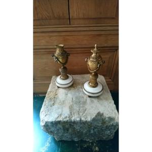Pair Of Gilt Bronze And Marble Cassolettes 19th 