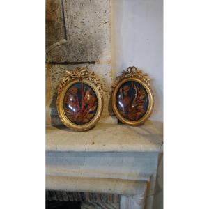 Pair Of Gilded Wood And Stucco Frames, Lxvi Style, Circa 1900, Domed Glass 