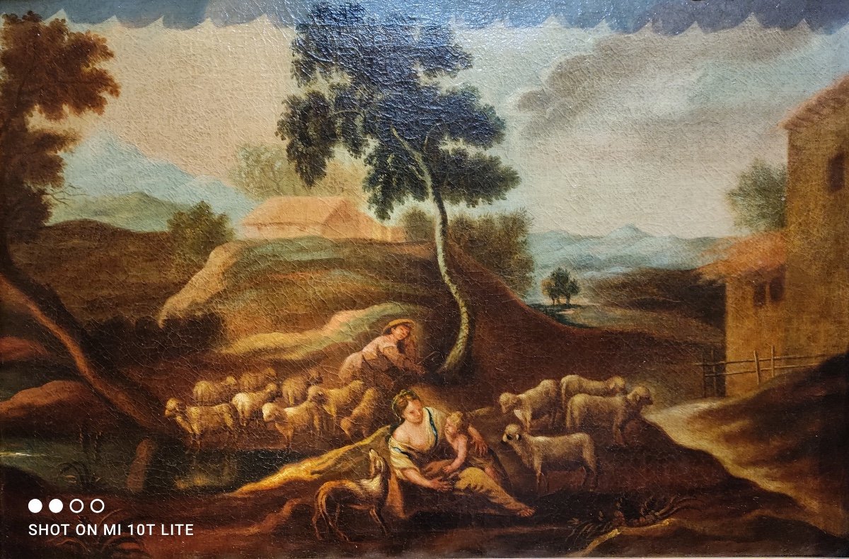 Pastoral Scene, Oil On Canvas 18th Century.-photo-2