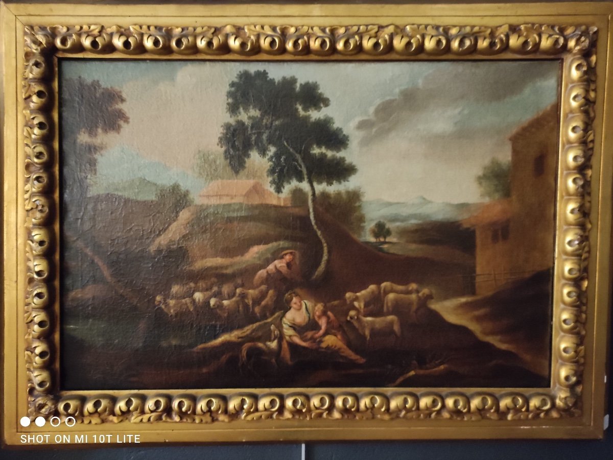 Pastoral Scene, Oil On Canvas 18th Century.-photo-3