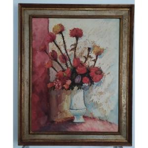 Bouquet Of Flowers In White Vase. Oil On Canvas Signed M.ballister