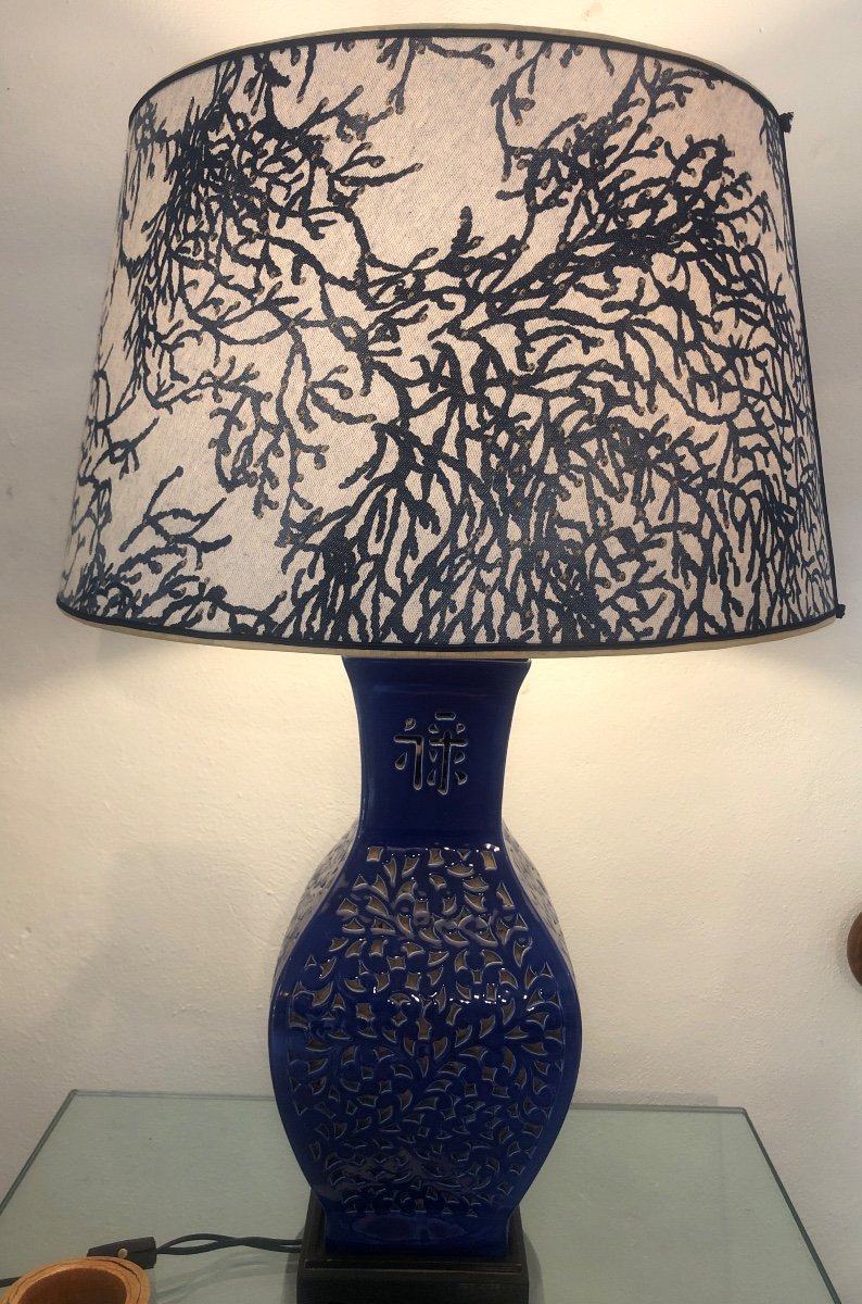 Lampe Lanterne Chinoise En Porcelaine Bleue 