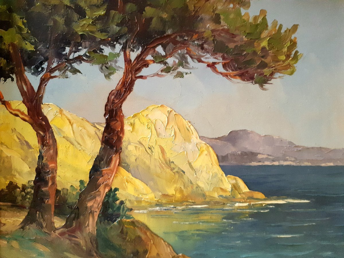 Bord De Mer Ecole Française Provençale Oil Painting On Canvas André Abougit (xxth Century)-photo-2