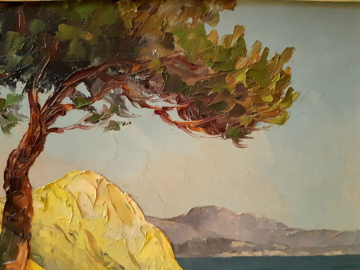 Bord De Mer Ecole Française Provençale Oil Painting On Canvas André Abougit (xxth Century)-photo-3