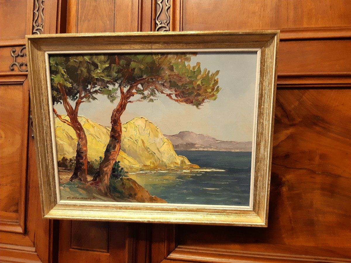 Bord De Mer Ecole Française Provençale Oil Painting On Canvas André Abougit (xxth Century)-photo-3