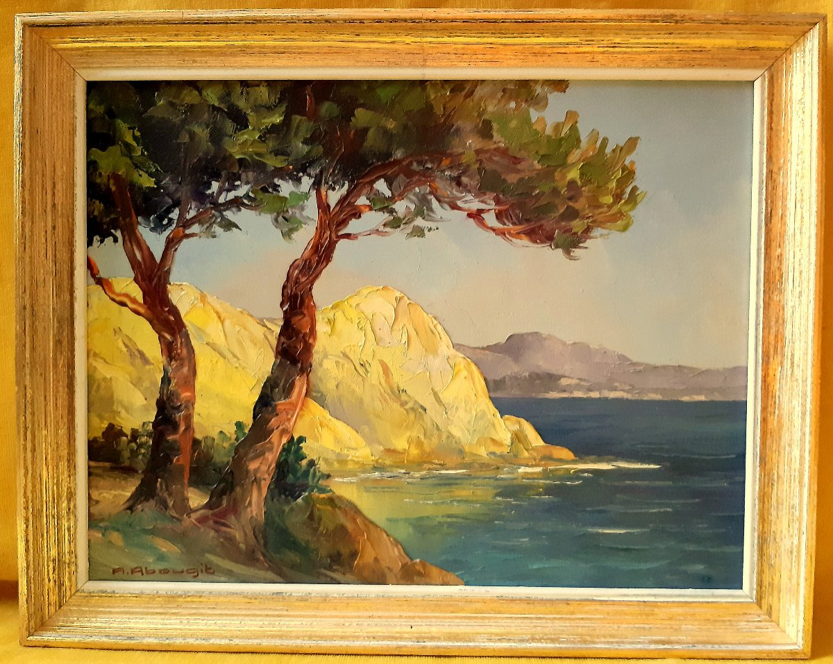 Bord De Mer Ecole Française Provençale Oil Painting On Canvas André Abougit (xxth Century)