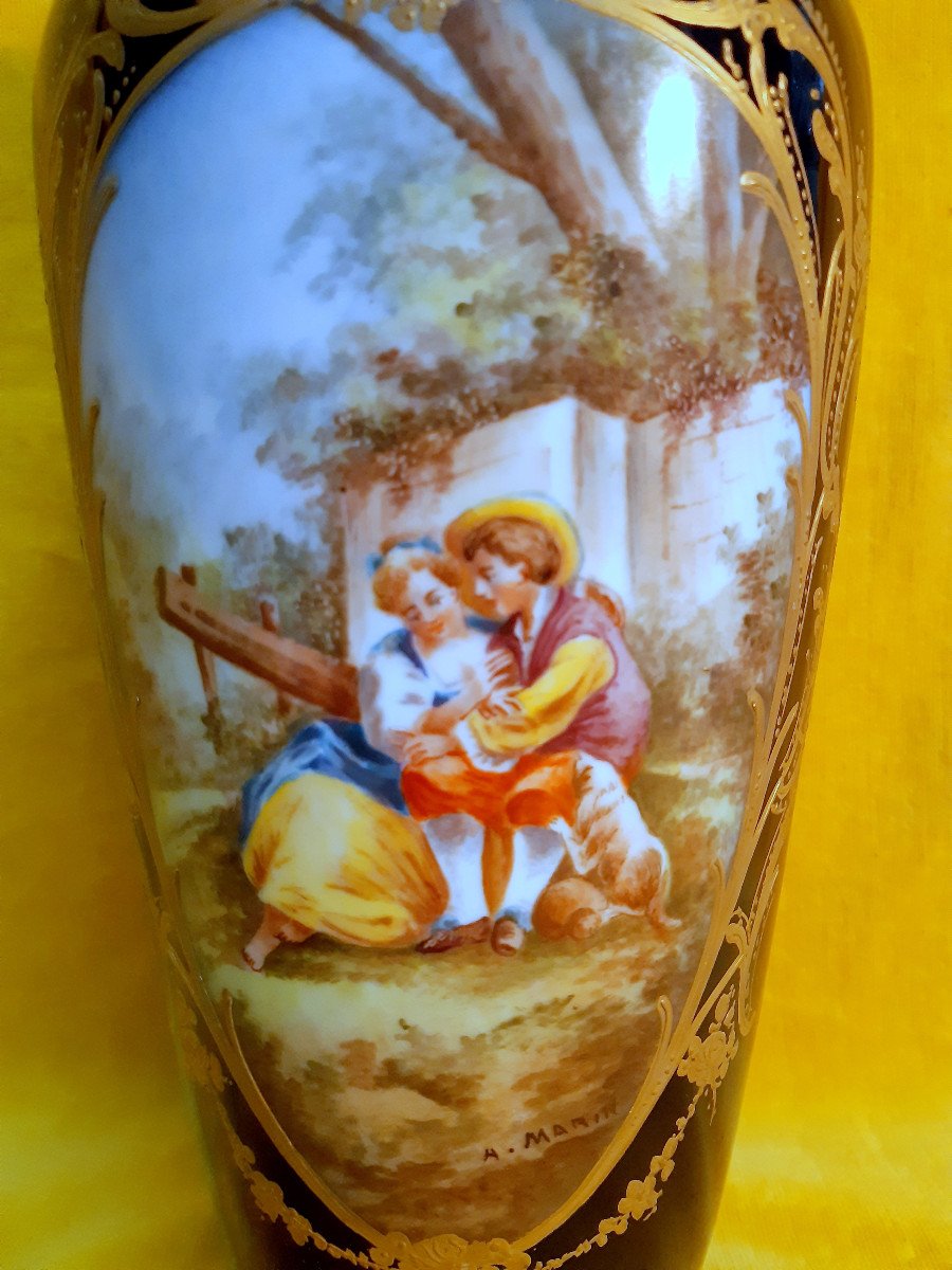 Large Sèvres Blue Porcelain Vase Gold Galante Scene Hand Painted A.marin19th-photo-2