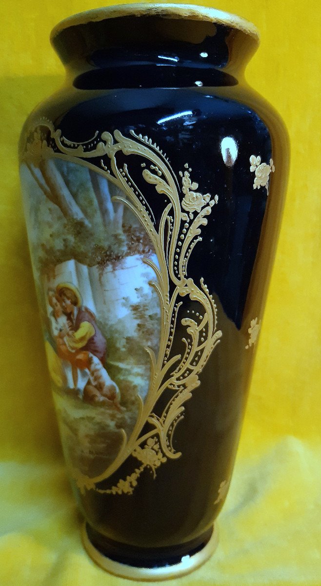 Large Sèvres Blue Porcelain Vase Gold Galante Scene Hand Painted A.marin19th-photo-3