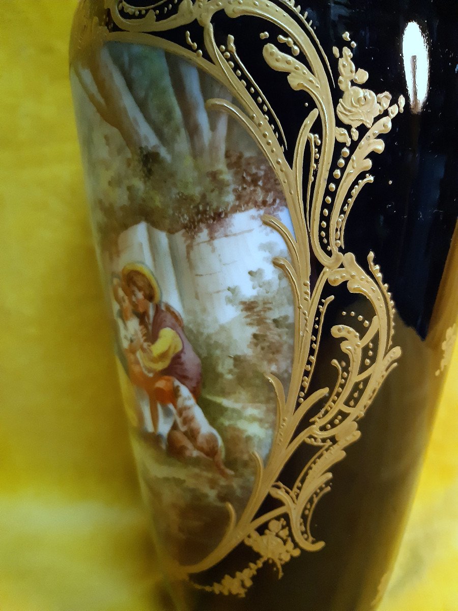 Large Sèvres Blue Porcelain Vase Gold Galante Scene Hand Painted A.marin19th-photo-4