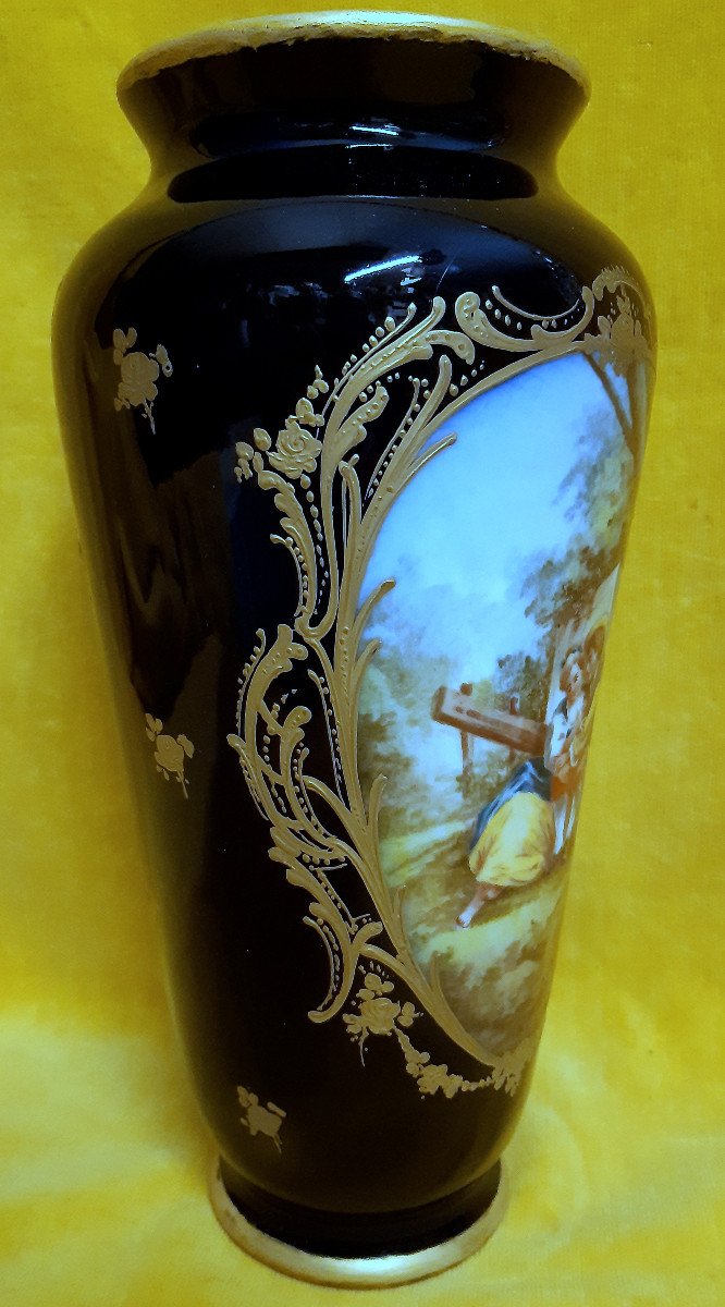 Large Sèvres Blue Porcelain Vase Gold Galante Scene Hand Painted A.marin19th-photo-2